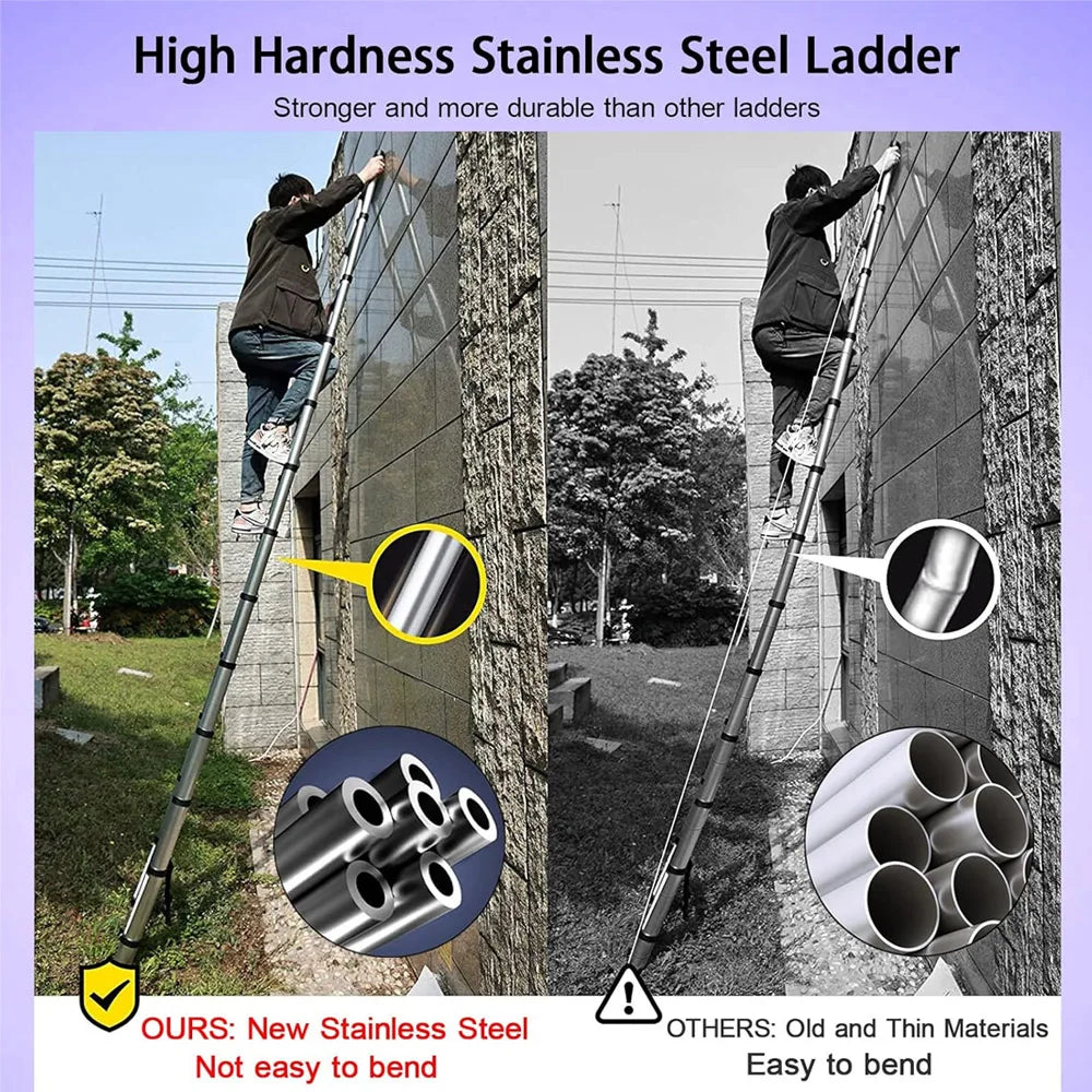 Telescopic Extendable Ladder - Heavy Duty Multi Purpose Straight Loft Ladder Portable Folding Stainless Steel Ladder Tool