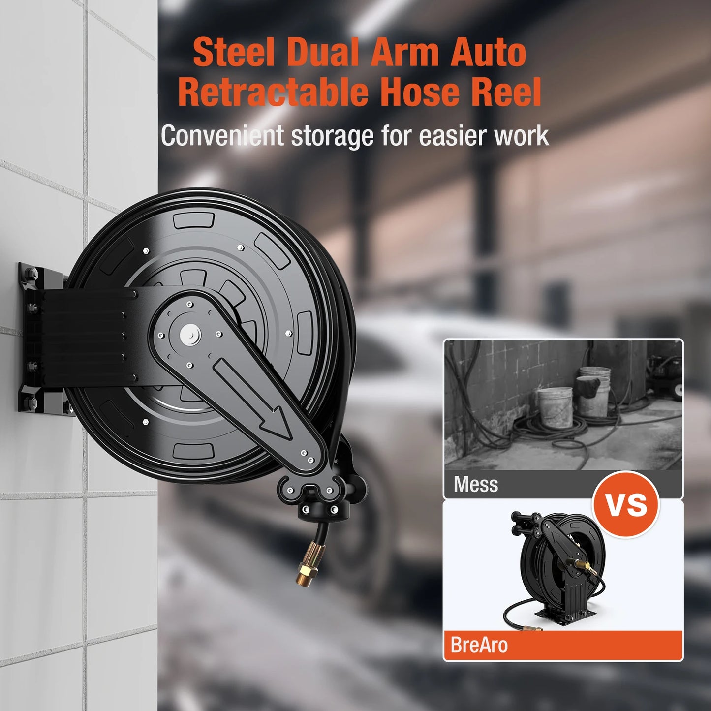 Retractable Hose Reel - Auto-Retractable Pressure Washer Hose Reel, 50FT x 3/8" Heavy Duty Steel Power Washer Hose Reel Dual Arm, 300 PSI