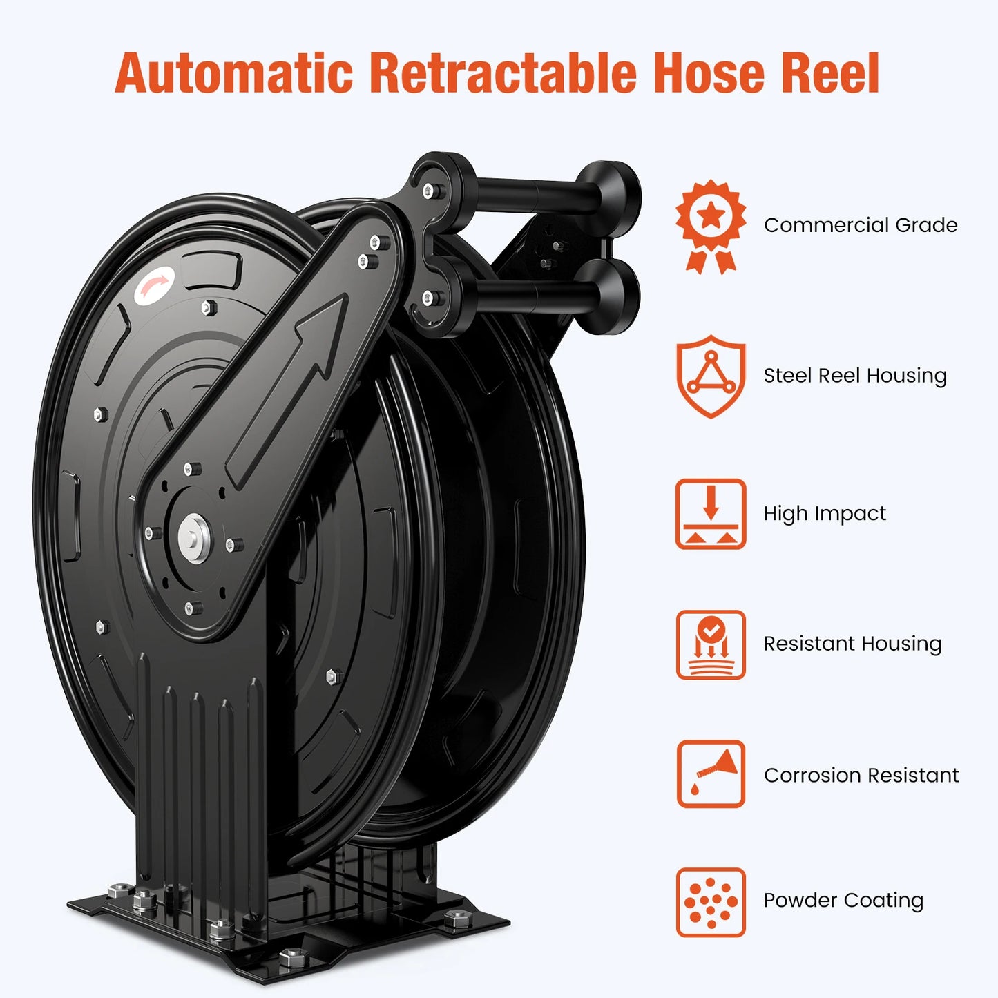 Retractable Hose Reel - Auto-Retractable Pressure Washer Hose Reel, 50FT x 3/8" Heavy Duty Steel Power Washer Hose Reel Dual Arm, 300 PSI