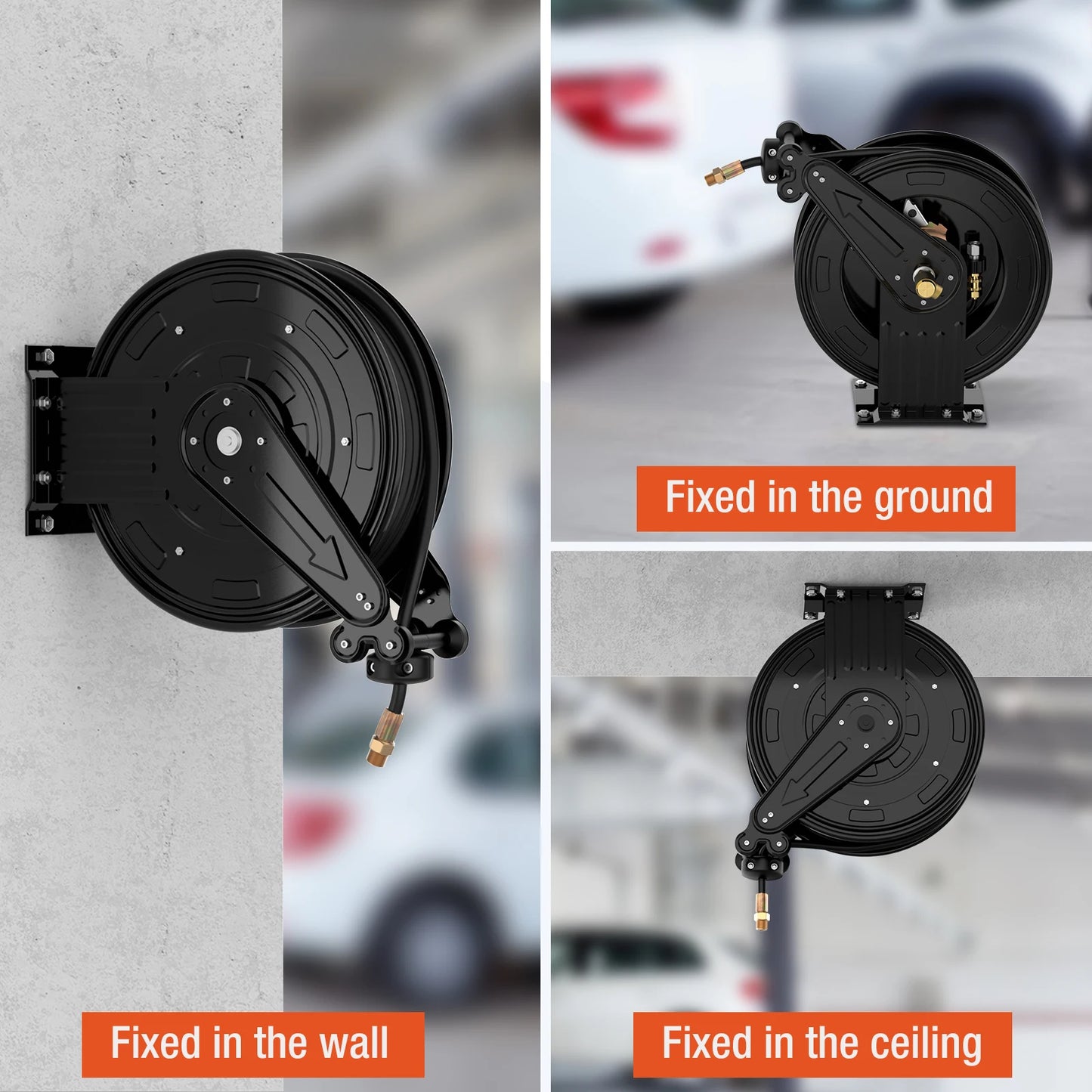 Retractable Hose Reel - Auto-Retractable Pressure Washer Hose Reel, 50FT x 3/8" Heavy Duty Steel Power Washer Hose Reel Dual Arm, 300 PSI