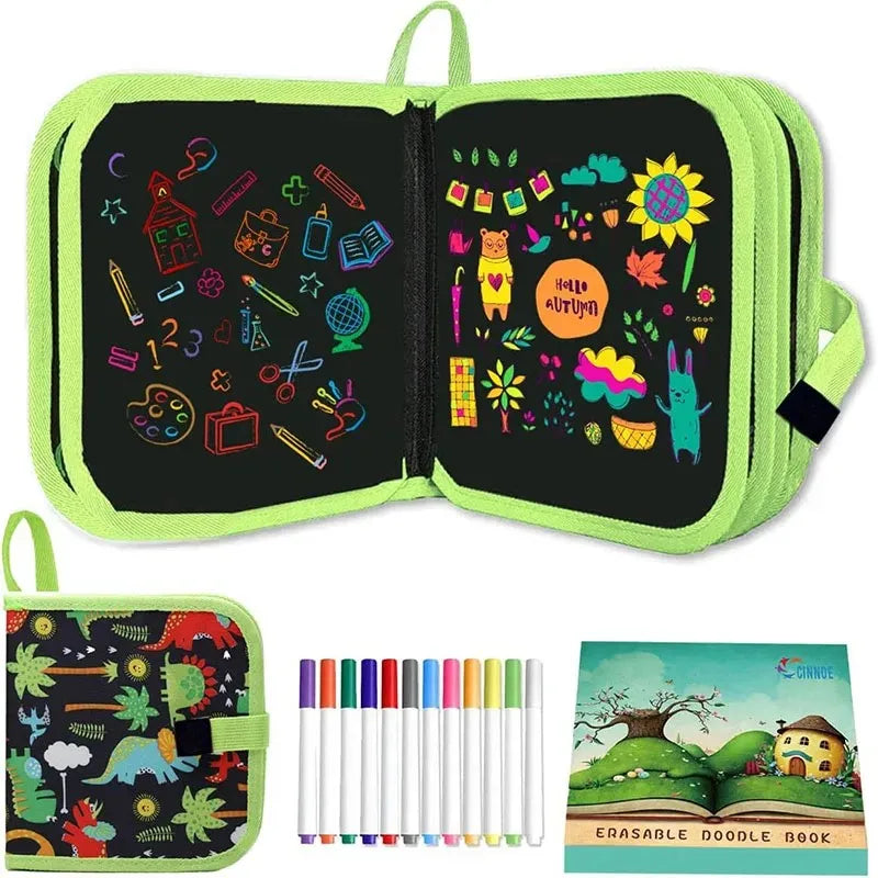 Reusable Erasable Doodle Book for Kids – Drawing Pad with 12 Watercolor Pens, Travel Art Toy for Toddlers & Preschoolers
