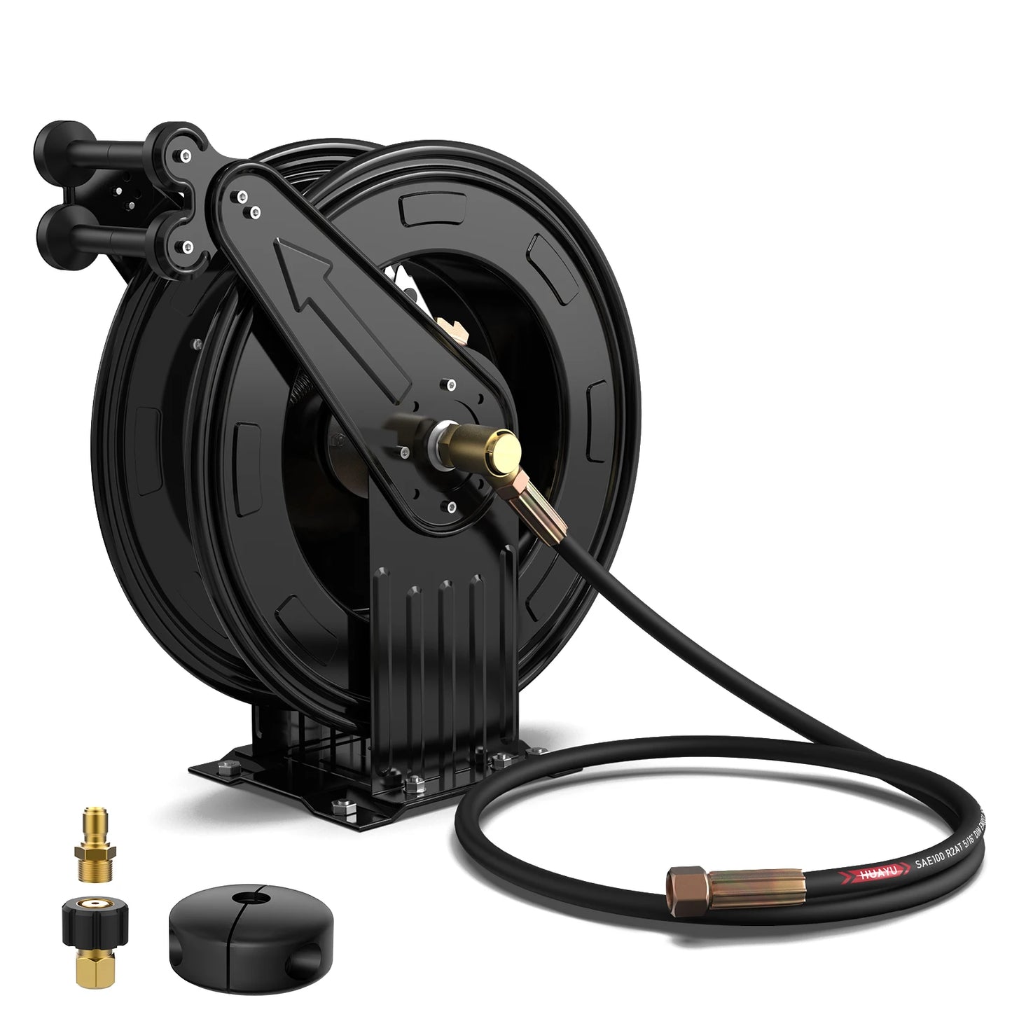 Retractable Hose Reel - Auto-Retractable Pressure Washer Hose Reel, 50FT x 3/8" Heavy Duty Steel Power Washer Hose Reel Dual Arm, 300 PSI