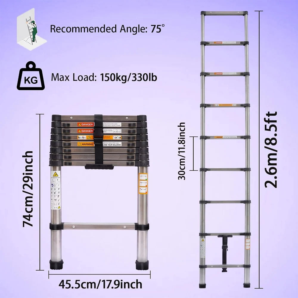 Telescopic Extendable Ladder - Heavy Duty Multi Purpose Straight Loft Ladder Portable Folding Stainless Steel Ladder Tool