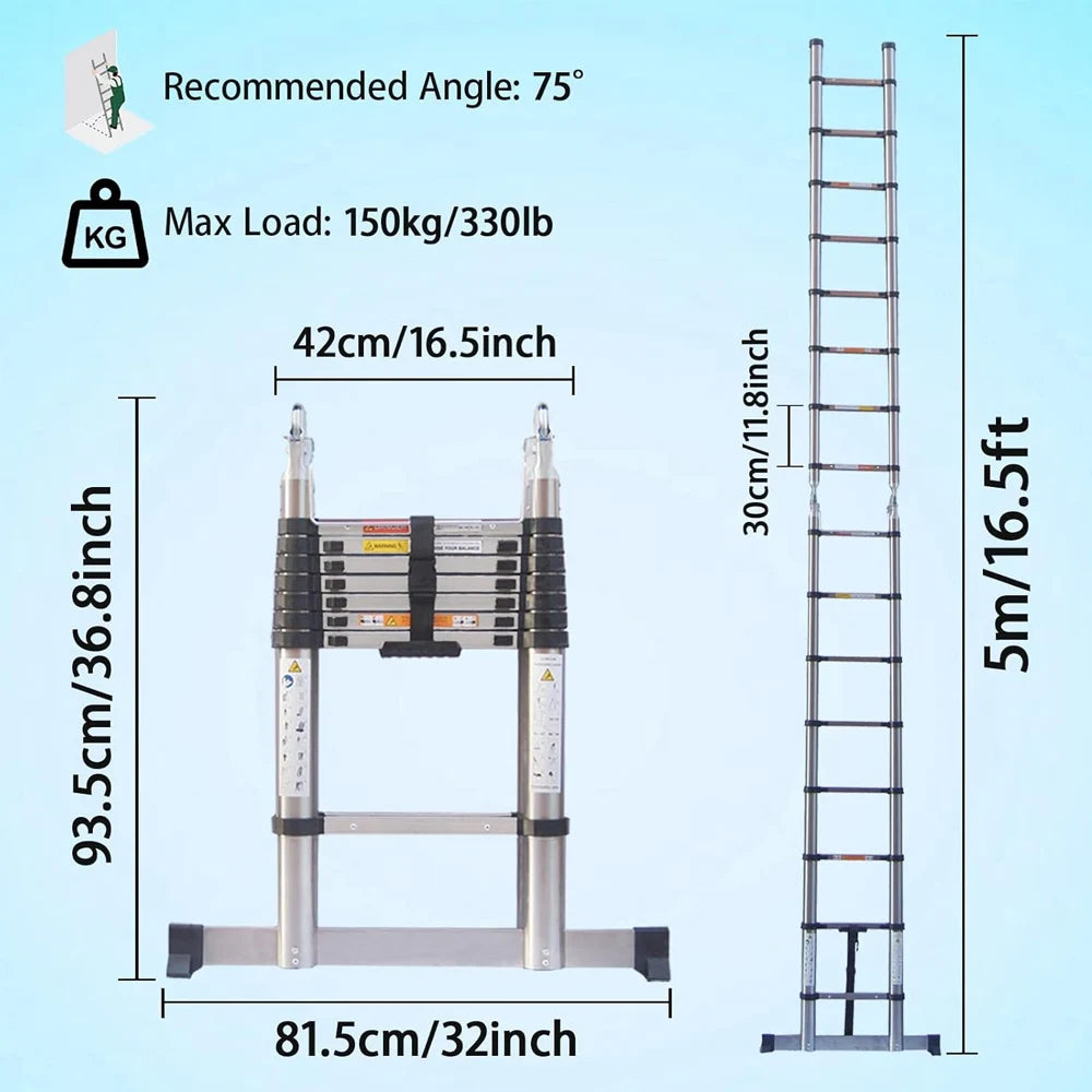 Telescopic Extendable Ladder - Heavy Duty Multi Purpose Straight Loft Ladder Portable Folding Stainless Steel Ladder Tool