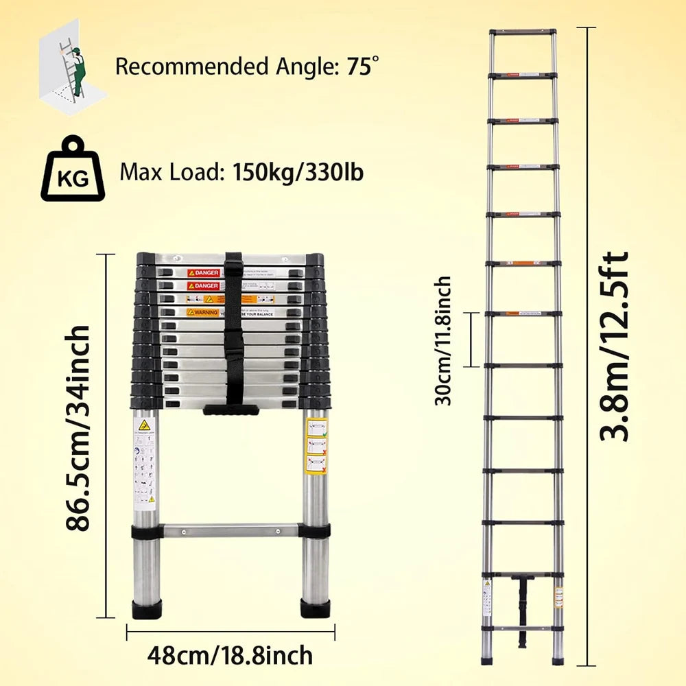 Telescopic Extendable Ladder - Heavy Duty Multi Purpose Straight Loft Ladder Portable Folding Stainless Steel Ladder Tool
