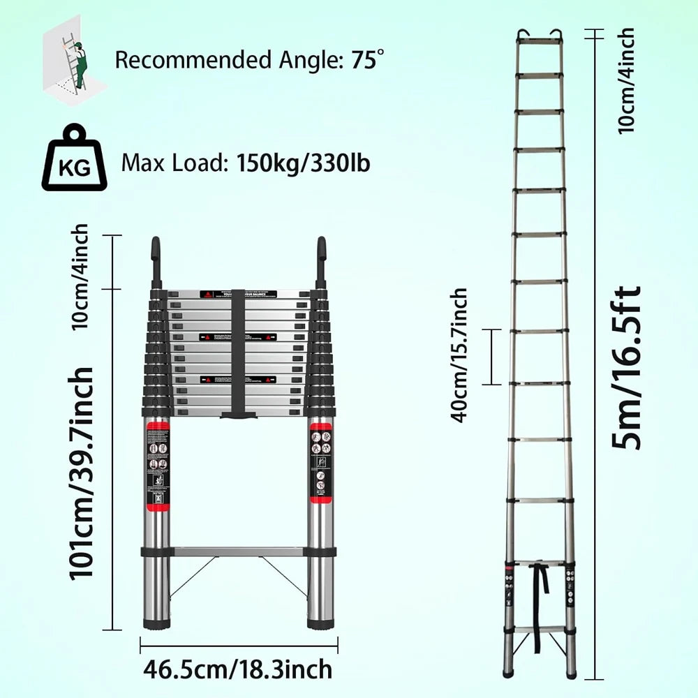 Telescopic Extendable Ladder - Heavy Duty Multi Purpose Straight Loft Ladder Portable Folding Stainless Steel Ladder Tool