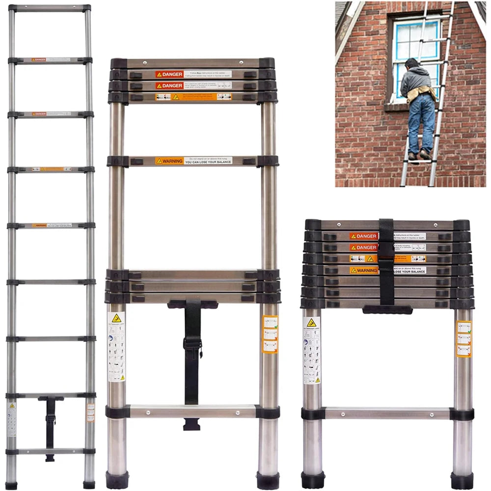 Telescopic Extendable Ladder - Heavy Duty Multi Purpose Straight Loft Ladder Portable Folding Stainless Steel Ladder Tool