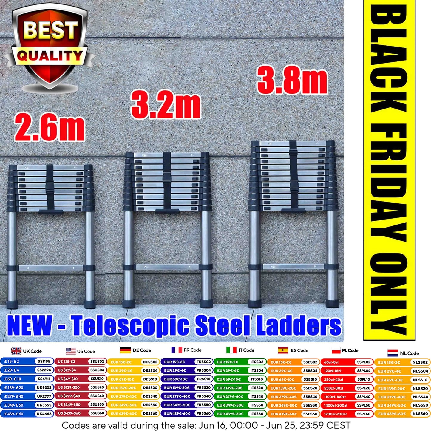 Telescopic Extendable Ladder - Heavy Duty Multi Purpose Straight Loft Ladder Portable Folding Stainless Steel Ladder Tool
