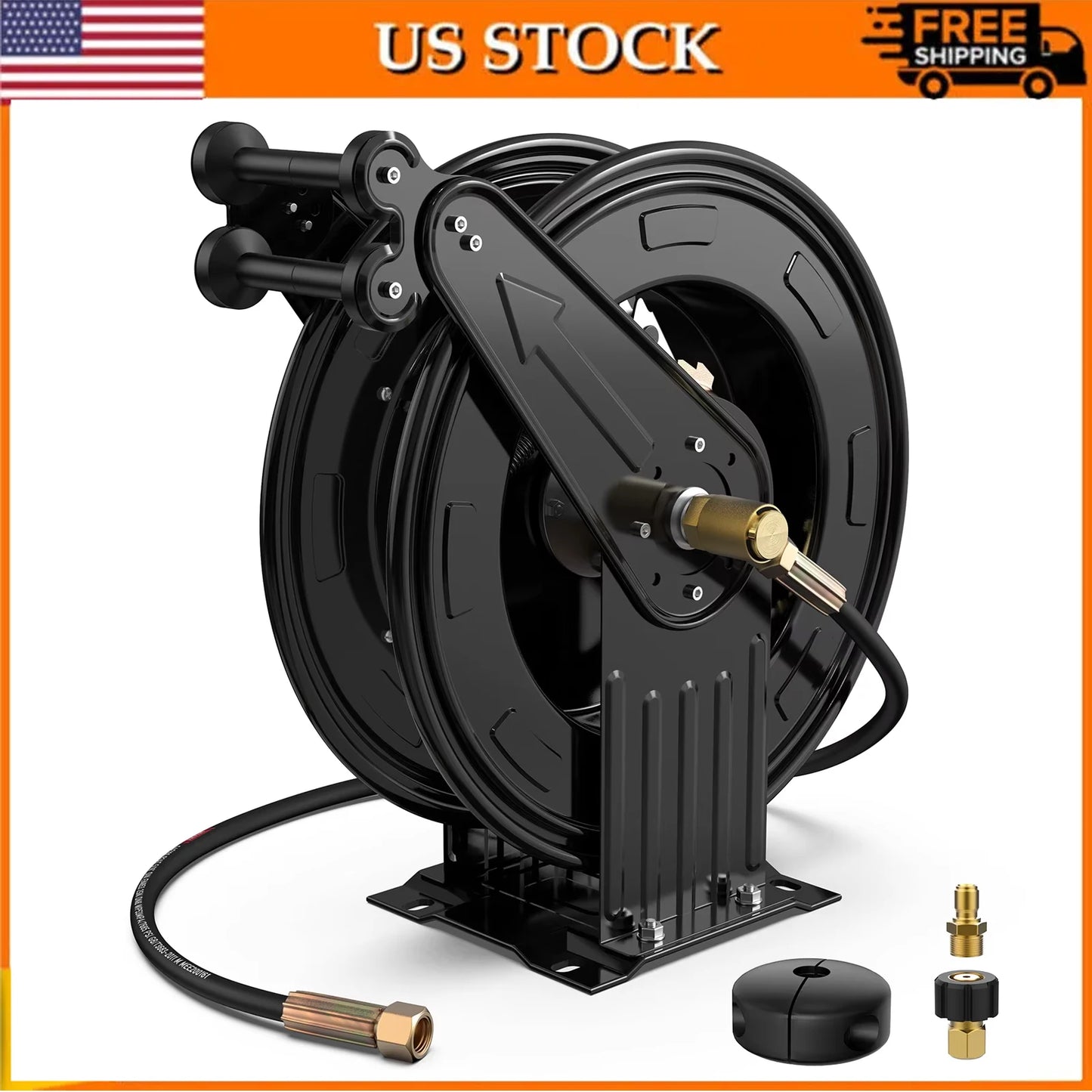 Retractable Hose Reel - Auto-Retractable Pressure Washer Hose Reel, 50FT x 3/8" Heavy Duty Steel Power Washer Hose Reel Dual Arm, 300 PSI