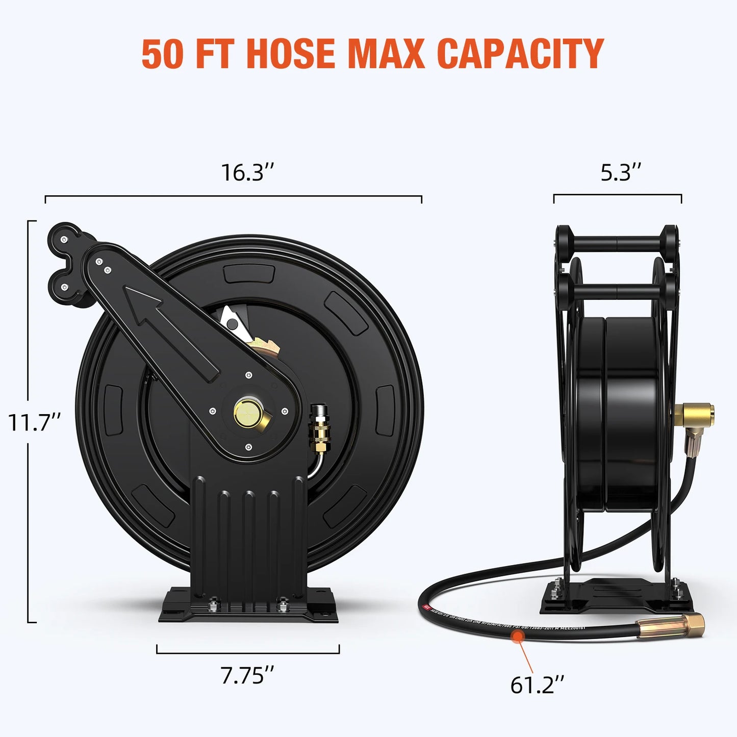 Retractable Hose Reel - Auto-Retractable Pressure Washer Hose Reel, 50FT x 3/8" Heavy Duty Steel Power Washer Hose Reel Dual Arm, 300 PSI