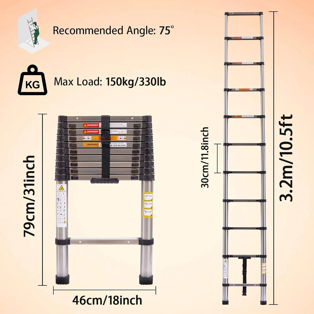 Telescopic Extendable Ladder - Heavy Duty Multi Purpose Straight Loft Ladder Portable Folding Stainless Steel Ladder Tool