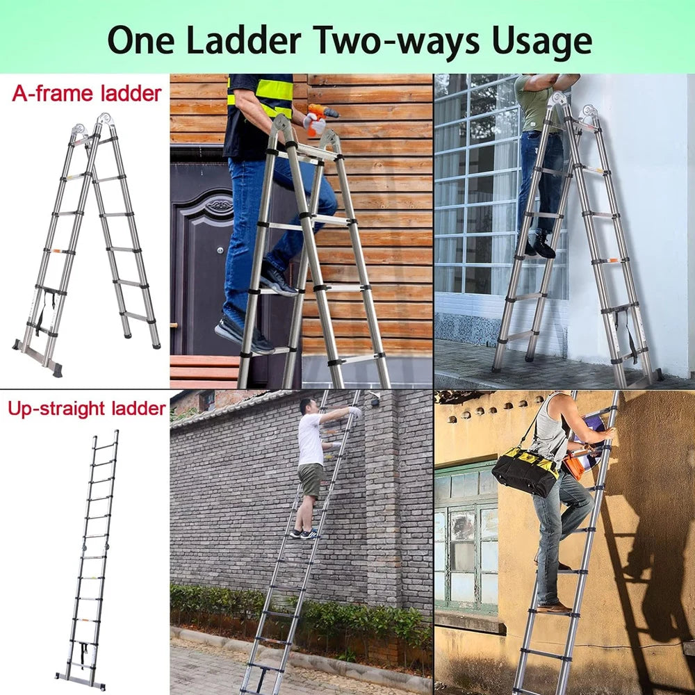 Telescopic Extendable Ladder - Heavy Duty Multi Purpose Straight Loft Ladder Portable Folding Stainless Steel Ladder Tool