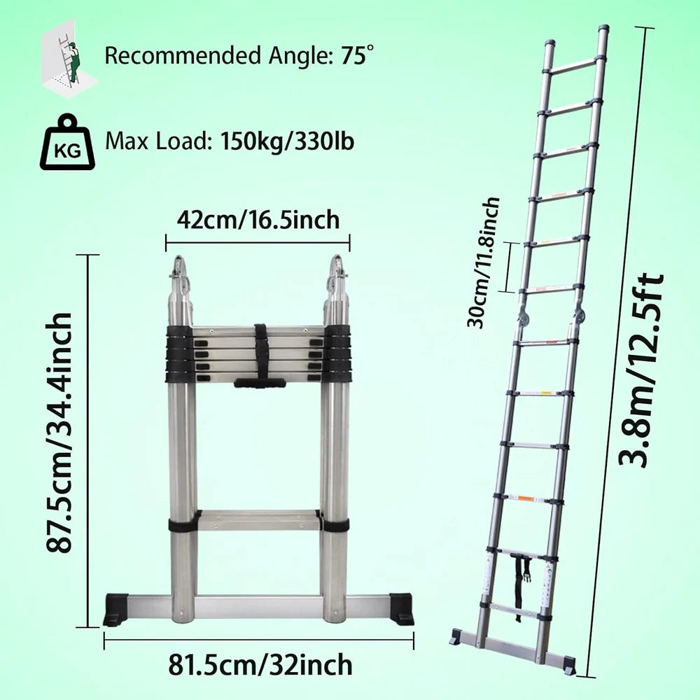Telescopic Extendable Ladder - Heavy Duty Multi Purpose Straight Loft Ladder Portable Folding Stainless Steel Ladder Tool
