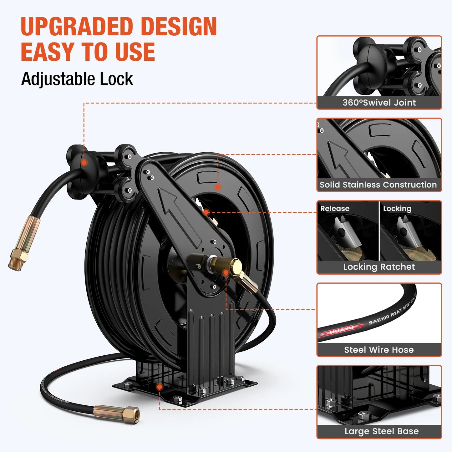 Retractable Hose Reel - Auto-Retractable Pressure Washer Hose Reel, 50FT x 3/8" Heavy Duty Steel Power Washer Hose Reel Dual Arm, 300 PSI