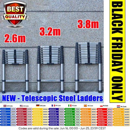 Telescopic Extendable Ladder - Heavy Duty Multi Purpose Straight Loft Ladder Portable Folding Stainless Steel Ladder Tool
