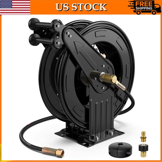 Retractable Hose Reel - Auto-Retractable Pressure Washer Hose Reel, 50FT x 3/8" Heavy Duty Steel Power Washer Hose Reel Dual Arm, 300 PSI
